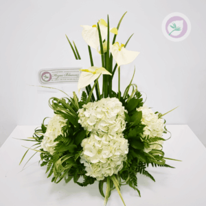 rreglo fúnebre hortensias anturios blancos condolencias centro de mesa f135