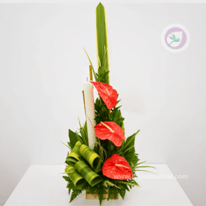 El arreglo funebre para condolencias medellin F137 es una pieza de diseño vertical, sobria y elegante, ideal para rendir un homenaje digno. Este arreglo funebre para condolencias medellin presenta la belleza imponente de los anturios rojos, que simbolizan el respeto y la admiración profunda, complementados con una vela blanca que representa la luz y el recuerdo eterno. El diseño, con sus líneas limpias y follaje artístico, crea un punto focal sereno y apropiado para cualquier velorio o ceremonia exequial.