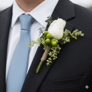 Elegante gallardete del novio (prendido), para boda accesorio de flor único para complementar un traje de boda.