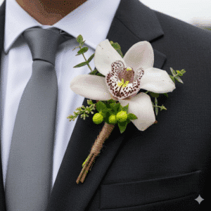uce un elegante botonier o gallardete para novio de orquídea cymbidium, esta flor es accesorio único para complementar a la perfección tu traje de boda.