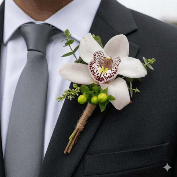 uce un elegante botonier o gallardete para novio de orquídea cymbidium, esta flor es accesorio único para complementar a la perfección tu traje de boda.