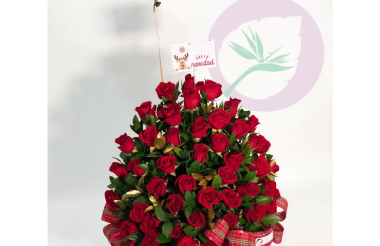 Atrévete a regalar flores en navidad, sorprende con este arreglo floral de rosas rojas con un globo y ese toque navideño.