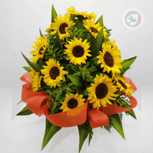 l arreglo redondo de girasoles es una composición floral que transmite alegría, vitalidad y optimismo.