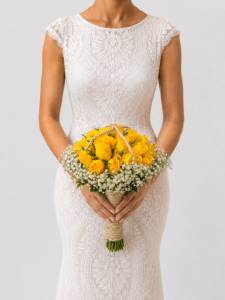 El yugo nupcial suspiro de amor es un delicado yugo nupcial elaborado con rosas y gypsophila, una combinación clásica y romántica que aporta elegancia, frescura y belleza a la decoración de tu ceremonia de matrimonio.