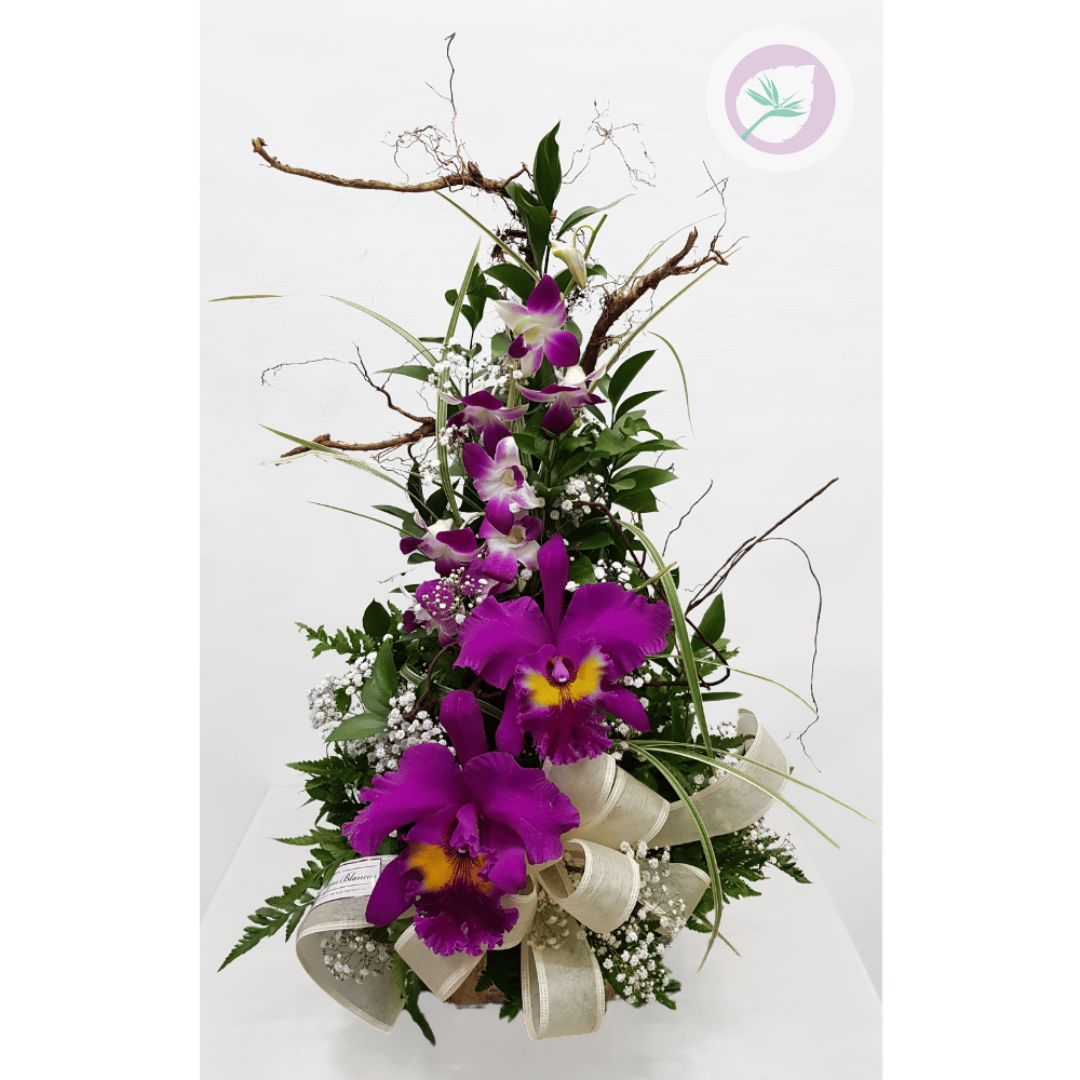 Ramo floral compuesto de hermosas orquideas moradas.