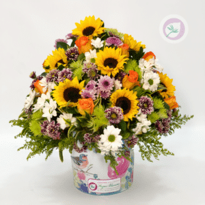 hermoso arreglo primaveral con girasoles en Medellín y Rionegro floristeria Hojas Blancas