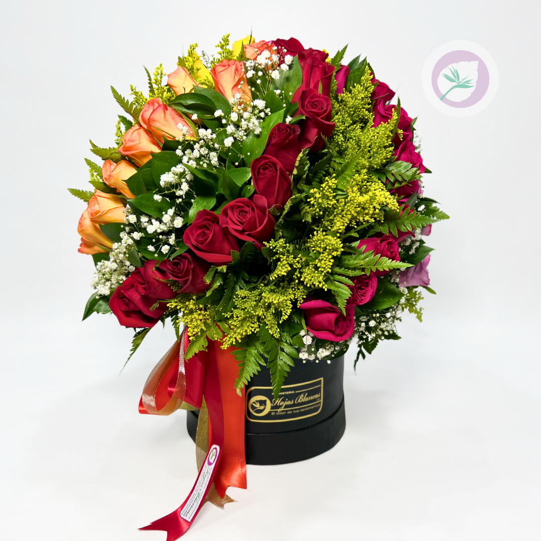 Regala un hermoso arreglo floral, sorprende con esta caja de rosas variadas– Una combinación de flores muy elegante. Tiendas: Floristería en Medellin y Floristería en Rionegro En Floristería Hojas Blancas tenemos un servicio de entregas con cobertura a Medellín, área metropolitana y municipios del oriente antioqueño.