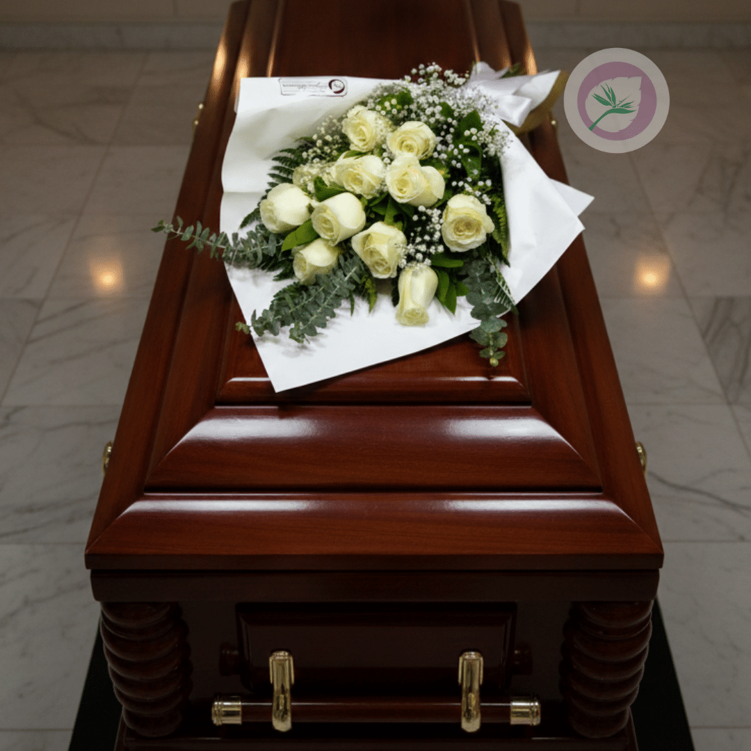 ramo funebre de rosas blancas para reposar sobre el feretro.