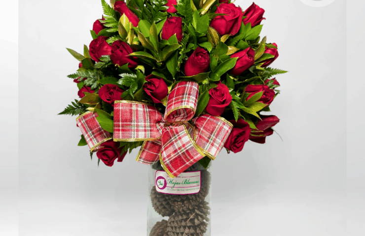 Corazón Navideño de Floristería Hojas Blancas combina la belleza clásica de las rosas rojas con el encanto cálido de la Navidad. Cada arreglo es elaborado con flores frescas, acompañado de follajes verdes, toques dorados y detalles decorativos como piñas de pino, moño navideño y elementos naturales que realzan su apariencia festiva. Todo el diseño se presenta en un florero de lujo, creando una pieza elegante, moderna y exclusiva perfecta para resaltar en cualquier espacio.