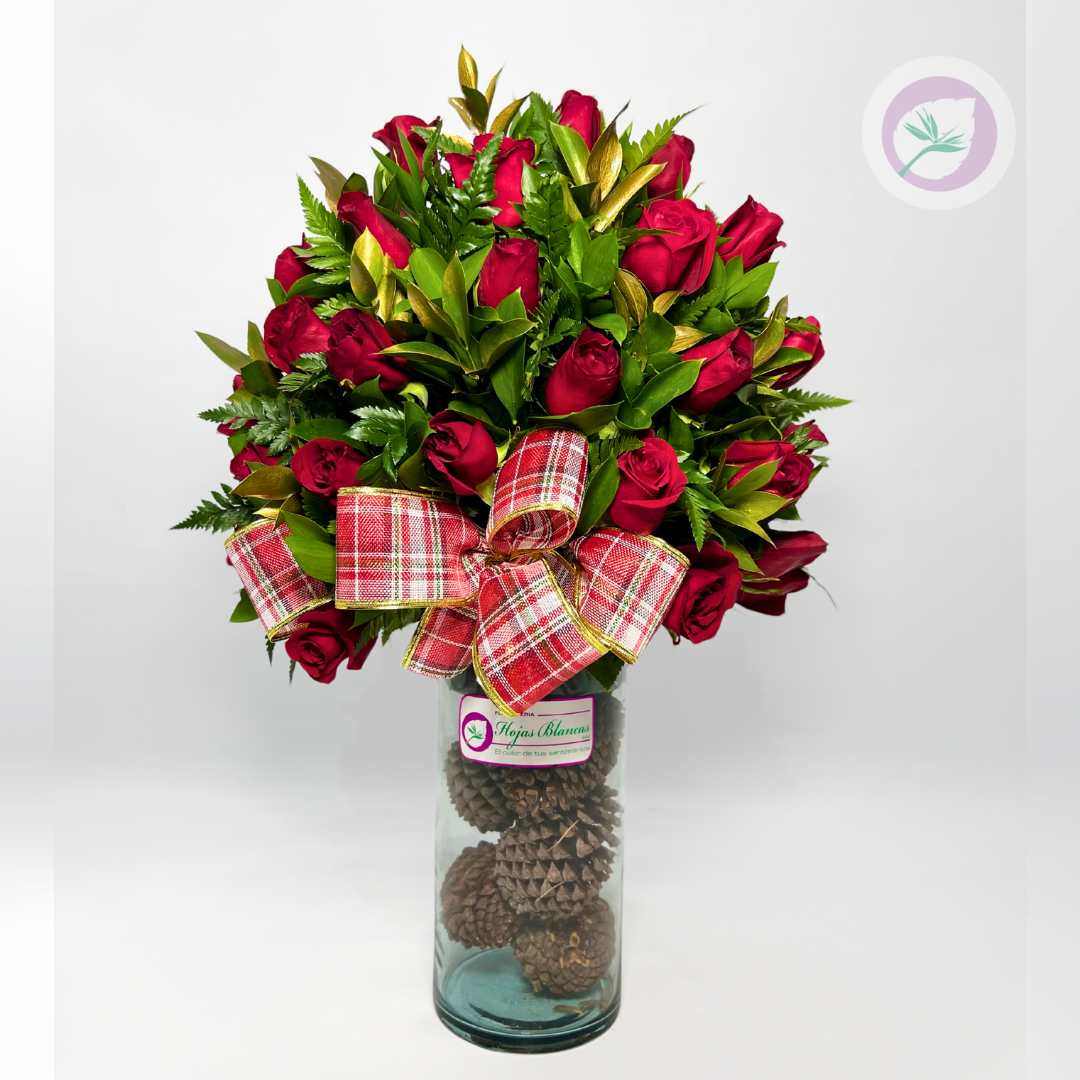 Corazón Navideño de Floristería Hojas Blancas combina la belleza clásica de las rosas rojas con el encanto cálido de la Navidad. Cada arreglo es elaborado con flores frescas, acompañado de follajes verdes, toques dorados y detalles decorativos como piñas de pino, moño navideño y elementos naturales que realzan su apariencia festiva. Todo el diseño se presenta en un florero de lujo, creando una pieza elegante, moderna y exclusiva perfecta para resaltar en cualquier espacio.