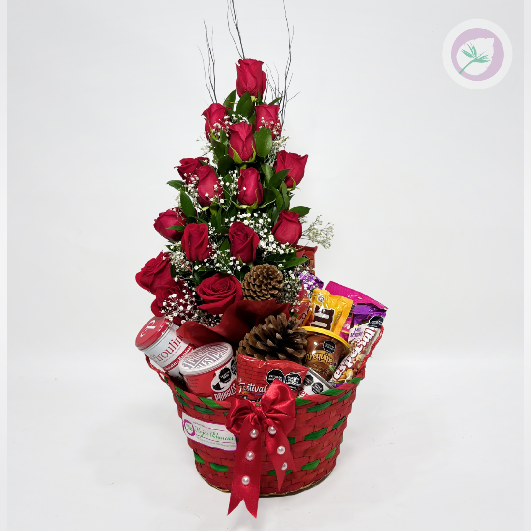 Arreglo floral de Navidad con rosas rojas