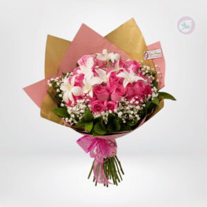 Rosas y orquideas armonia floral. Si buscas un regalo que combine delicadeza, elegancia y un mensaje lleno de intención, este bouquet es la elección perfecta.