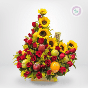 Jardín de Prosperidad – Flores, Frutas y Chocolate Sorprende con un detalle que reúne belleza, sabor y frescura en una sola presentación. NuestrO Jardín de Prosperidad combina la alegría de los girasoles, la elegancia de las rosas rojas, una selección de frutas frescas y una deliciosa chocolatina Mont Blanc.