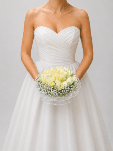 Yugo nupcial Elegancia Perlada es un elegante yugo floral elaborado con rosas y delicada gypsophila, acompañado de una sofisticada entretela perlada que aporta textura y luminosidad. Un diseño romántico para realzar la decoración de tu boda.