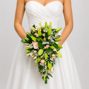 Yugo nupcial primavera para bodas en diseño cascada con lirios, rosas spray, gypsophila y rusco. Una decoración elegante y romántica para ceremonias especiales.