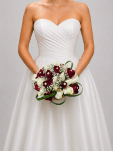 Yugo Floral Amor Eterno, elegante yugo nupcial elaborado con rosas rojas y blancas, delicada gypsophila, perlas y cinta decorativa. Una composición romántica y sofisticada para realzar la decoración de tu ceremonia.