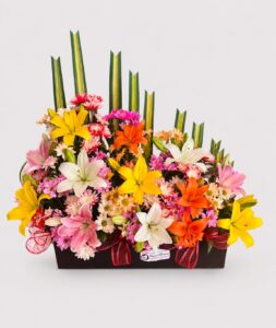 Jardín de alegría es un delicado arreglo floral con margaritas y lirios, acompañado de rusco y hoja de lino sobre una base de madera. Un detalle fresco, alegre y elegante para sorprender en cualquier ocasión especial.