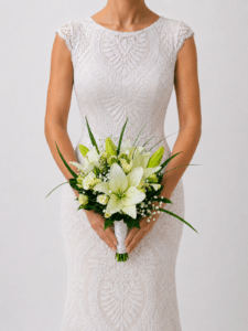 Elegante y delicado yugo nupcial elaborado con lirios, rosa spray, gypsophila, rusco y liriope. Una composición romántica y sofisticada para acompañar a los novios en uno de los momentos más especiales de su celebración.
