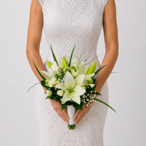Elegante y delicado yugo nupcial elaborado con lirios, rosa spray, gypsophila, rusco y liriope. Una composición romántica y sofisticada para acompañar a los novios en uno de los momentos más especiales de su celebración.